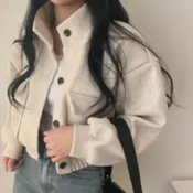 (店+)【D.studio】韓版立領小眾寬鬆休閒短版外套 冬天女裝 衣服 保暖外套 保暖上衣 冬天外套 長袖上衣 針織上衣【J301】
