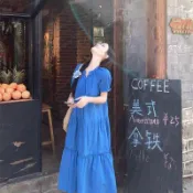 度假風洋裝 波希米亞風洋裝 海邊洋裝 海島洋裝 沙灘裝 渡假風洋裝 寬鬆法式氣質休閒度假裙子顯瘦長裙夏季復古藍色連衣裙