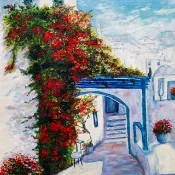 紅色九重葛油畫原作，聖托裡尼壁掛藝術，希臘藝術品