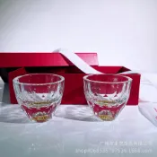 全球選品1館 生活百貨 鑽石切面水晶玻璃金箔底白酒杯烈酒杯24K真金箔茶杯對杯酒杯禮盒