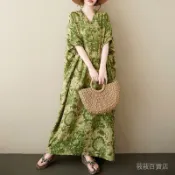 民族風 V領波西米亞風連衣裙 大尺碼 長版洋裝 及膝裙 大擺裙 短袖棉麻 LA0H