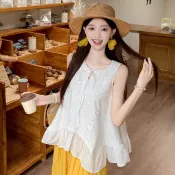 韓系白色刺繡蕾絲無袖上衣 圓領繫帶荷葉擺娃娃衫 夏季溫柔風背心