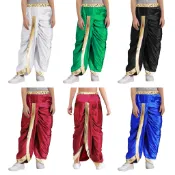Inhzoy 兒童男孩印度傳統長褲節日派對服裝金屬飾邊鬆緊腰帶緞面 Dhoti 褲子