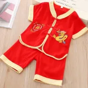 龍紋福字金黃刺繡薄短袖套裝 唐裝 抓週 週歲 造型服 中國風 男童 兒童 童裝 橘魔法 現貨 【BB7260】
