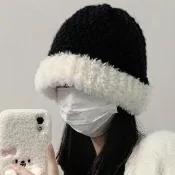 【AnnaSofia】保暖毛帽淑女帽網美帽漁夫帽盆帽鐘型帽-粗織拼色毛絨 現貨(黑系)