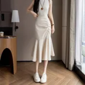 實拍＋免運半身裙女夏季2025新款高腰中長款魚尾裙抽繩開叉顯瘦A字包臀裙子
