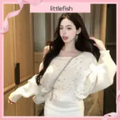 【Littlefish】 燙鑽 針織 洋裝 純欲性感一字領 包臀裙 蝙蝠袖毛衣 裙子