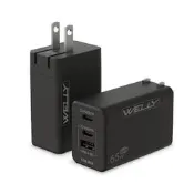 【PChome 24h購物】WELLY 65W氮化鎵GaN快充 PD+QC+PPS全兼容 USB-C/A三孔輸出 極速充電器(黑色) R99N
