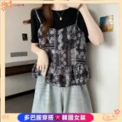 韓國女裝🎀設計感上衣 假兩件短袖 大尺碼衣服 小眾上衣 復古度假風碎花吊帶假兩件純棉上衣女大尺碼胖時尚洋氣百搭T恤