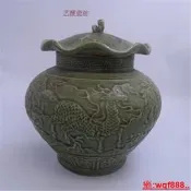 【小新茶具】龍泉窯開片青釉雙神獸圖荷葉蓋罐仿古做舊瓷古玩古董擺件老貨收藏