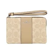 【COACH】C Logo PVC拼接皮革掛帶L型拉鍊萬用手拿包(沙黃/灰褐)