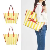 LONGCHAMP ROSEAU ESSENTIAL系列帆布LOGO字母條紋托特包(大/黃x白)