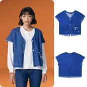  【Lee】女裝 牛仔外套 短袖抽鬚V領 外搭 中藍洗水 季節性版型(LB316003M25)