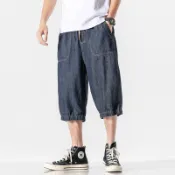 【M-5XL】七分褲男牛仔短褲 工作短褲 夏季薄款寬鬆多口袋休閒短褲 素色單寧牛仔短褲 大尺码短褲 男生短褲 熱賣 