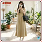 🌿慵懶日系🌿女裝 背心連身裙工裝風百搭立體A字大裙擺無袖慵懶剪裁輕量透氣夏日修飾身形性感中長裙🌿