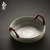 九土日式復古手工編織碗日式碗盤復古粗陶菜盤手工盤創意家用盤陶瓷餐具水果盤生菜盤深盤勾芡菜湯盤造型擺盤編織盤CJR0434