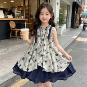 【免運】台灣出貨🌙女童夏季洋裝 女童韓系碎花連衣裙 夏季新款 寶寶復古風無袖公主裙 女童洋裝 女童連身裙 撞色大裙擺裙