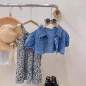 細肩碎花傘擺洋裝+牛仔外套 女童套裝 連身裙 洋裝