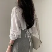 (店+)【D.studio】韓版小心機後背綁帶襯衫長袖上衣女裝衣服寬鬆上衣顯瘦上衣長袖t恤冬裝防曬外套 W410