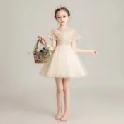 [現貨]女童白紗生日公主裙蓬蓬紗兒童主持人花童禮服小女孩鋼琴演出服夏 兒童禮服白色公主裙 女童生日聚會高端晚禮服 音樂節