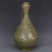 銀聯網日用品生活館 明龍泉窯穿花麒麟鳳紋蒜頭瓶仿古老貨瓷器家居擺件古董古玩收藏1入
