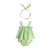 【Baby 童衣】任選 甜美格紋上衣裙+小褲褲 套組 附髮帶 80089(綠格)