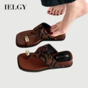 IELGY 時尚夏季復古豹紋金屬扣套頭鞋頭高跟拖鞋