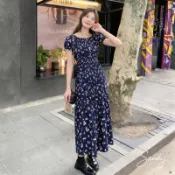 小白花拉肩花洋【887I5】春夏新款民族風渡假出遊圓領短袖印花連身洋裝 連身裙連衣裙 過膝長洋裝 Sandy33