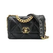 二手品 Chanel 19 菱格羊皮金釦雙色鍊帶手提/肩背包-26cm(AS1160-黑)