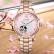 CITIZEN 星辰 櫻花限定款粉蝶貝鏤空機械錶/34mm/PC1017-96W