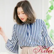 【Kilei】女裝 荷葉袖上衣 條紋襯衫 荷葉袖襯衫 綁蝶結直條紋壓褶荷葉袖襯衫上衣XA3389-01(簡約藍)全尺碼