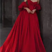 酒紅色優雅長禮服 抹胸新娘敬茶服 新款紅色緞面訂婚禮服 歸寧家宴結婚新娘禮服 法式晚禮服女高級感