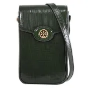 TORY BURCH Robinson 金屬LOGO漆皮翻蓋式斜背小包/手機包(深綠)