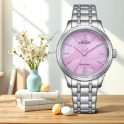 CITIZEN 星辰 光動能大三針時尚女錶 周年慶好禮 送禮首選-銀x粉紅/34mm EM0411-71X