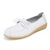 【LOVE FOOT 樂芙】真皮韓版繫帶時尚平底休閒鞋(白)