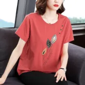 【中老年衣服】👵媽媽裝 短袖上衣 大尺碼上衣 棉質t恤 洋氣媽媽裝夏裝40到50歲遮肚大碼寬松中老年上衣純棉女士短