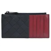 【BOTTEGA VENETA 寶緹嘉】經典撞色手工編織小牛皮信用卡卡片零錢包(深藍/酒紅)