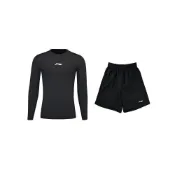(店+)【LI-NING 李寧】YUDV013-1 LiNing李寧 夏季男生長袖緊身衣短褲簡約時尚透氣舒適輕便休閒運動套裝 男款 黑色