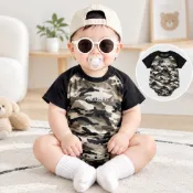 嬰兒衣服男童短袖連體衣 寶寶衣服夏季薄款迷彩連身衣 兒童衣服男童衣服男童短袖外出穿搭哈衣爬服透氣包屁衣