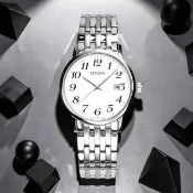 【CITIZEN 星辰】BM6770-51B 光動能 數字時刻 藍寶石水晶玻璃 日期 不鏽鋼男錶 白色 37mm