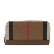【BURBERRY 巴寶莉】格紋拼皮革ㄇ型拉鍊長夾(土棕色)