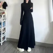 (店+)【D.studio】韓版薄內刷毛氣質顯瘦長版洋裝 連身裙 連衣裙 套裝 長袖上衣 冬天女裝 裙裝 長裙 裙子 長褲【S378】