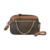 【Michael Kors】MK MICHAEL KORS JET SET EW金字LOGO前鍊帶PVC拉鍊斜背相機包(大/橡子棕x棕)