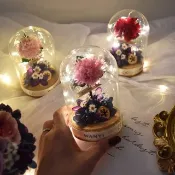 康乃馨暖心玻璃罩玫瑰  七夕 永生花 不凋花 乾燥花 送禮 夜燈