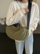 喜挖2店 日系慵懶風大容量運動單肩包女學生上課手提斜後背包菱格繡線餃子包