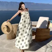 波西米亞旅行度假性感碎花雪紡吊帶長裙女裝寬鬆無袖露背印花中長款A字洋裝