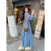「妍藝」早秋特大碼法式圓領抽繩收腰長洋裝女燈籠袖魚尾擺寬鬆顯瘦藍色長款魚尾連衣裙春秋季寬鬆遮肚顯瘦休閒長裙