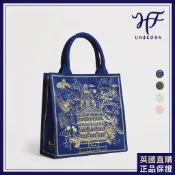 【HF】Harrods英國代購 正品 哈洛德百貨 皇家藍燙金刺繡建築厚帆布手提包 英國高貴女包 購物包 購物袋