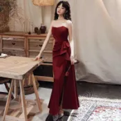 魚尾敬酒服新娘新款酒紅色結婚訂婚晚禮服平時可穿抹胸氣質女