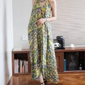 法式 露背印花吊帶深V領連衣裙洋裝